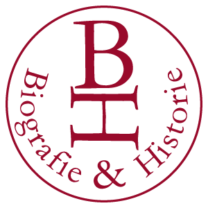 Rundes, siegelähnliches Logo von Biografie und Historie in roter Schrift auf weißem Grund